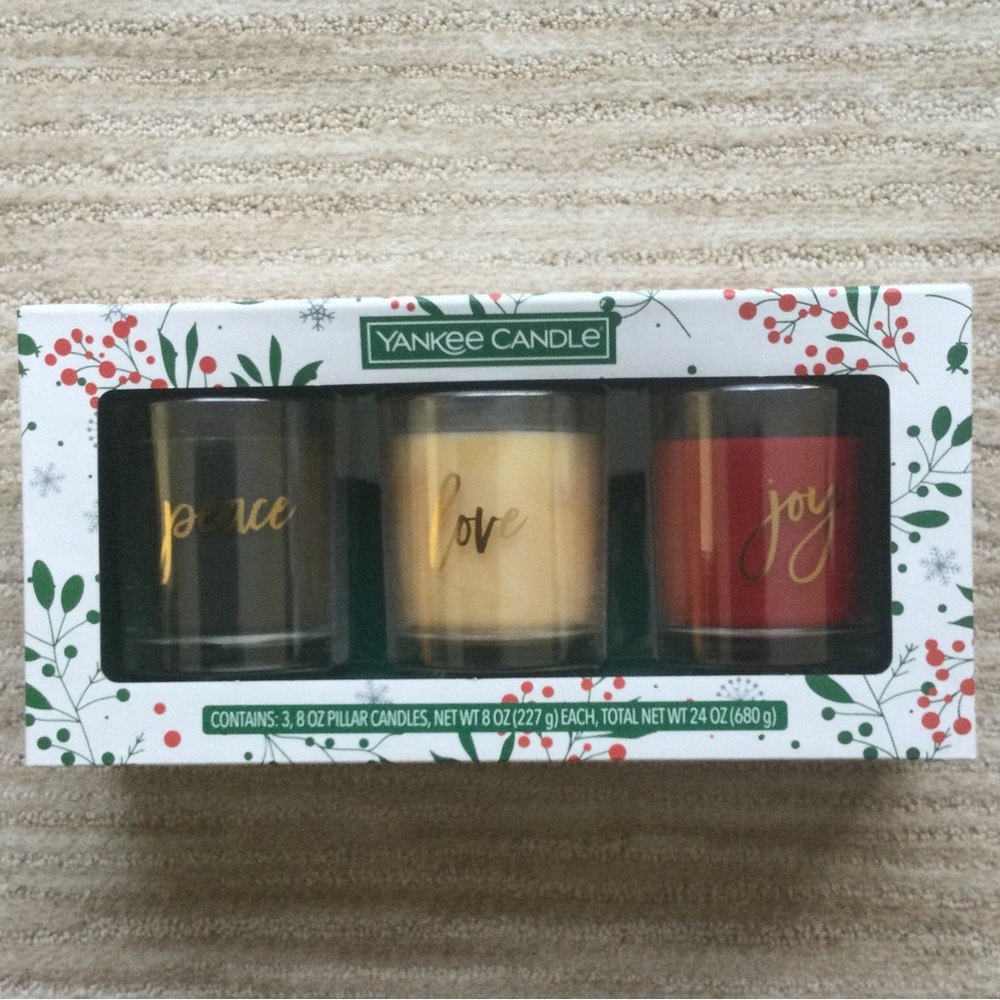 Trio of Yankee Candle Holiday Set of 3 Peace Love Joy 8 oz Pillar Candles